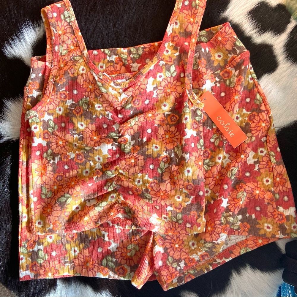 🔖 COLSIE Sold Out Women's Floral Print Tiny Tank and Shorts Pajama Set Orange